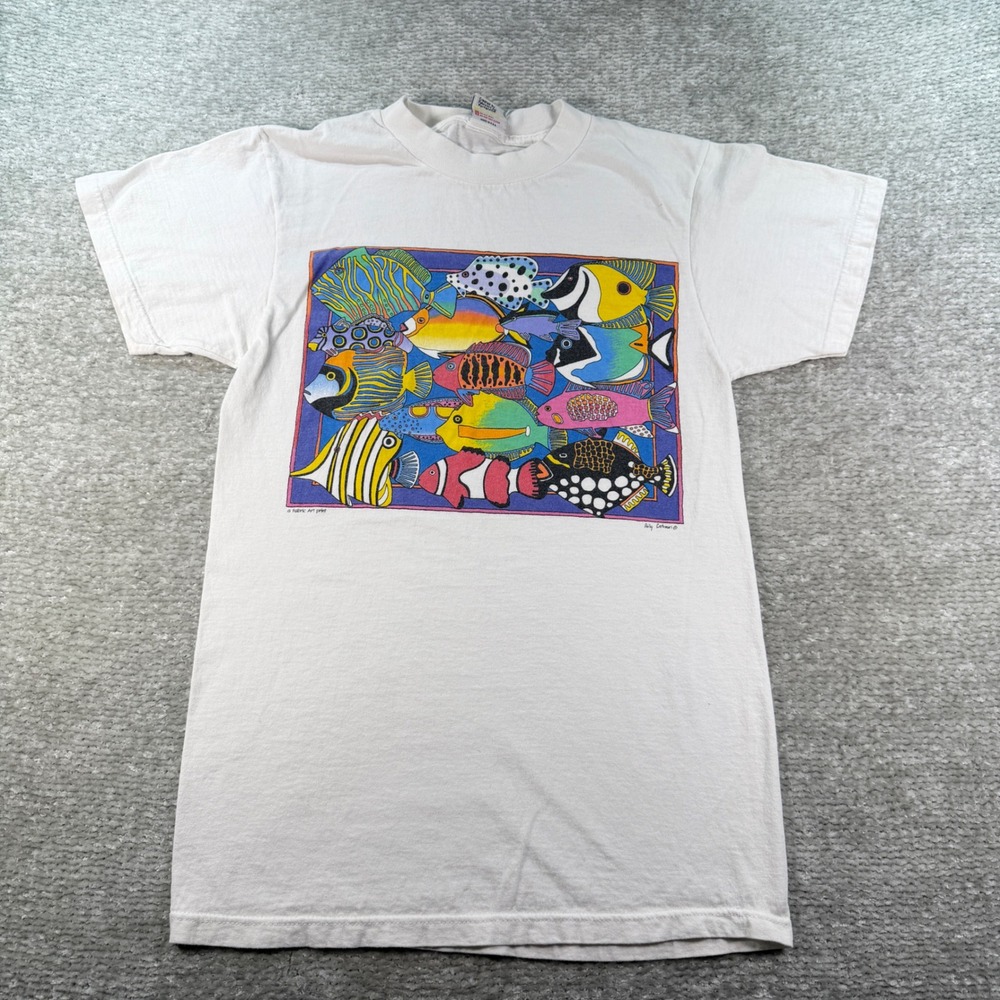 Fabric‎ Art T-Shirt Polly Carbonari Fish Graphic 100% Cotton S White Vintage 90s